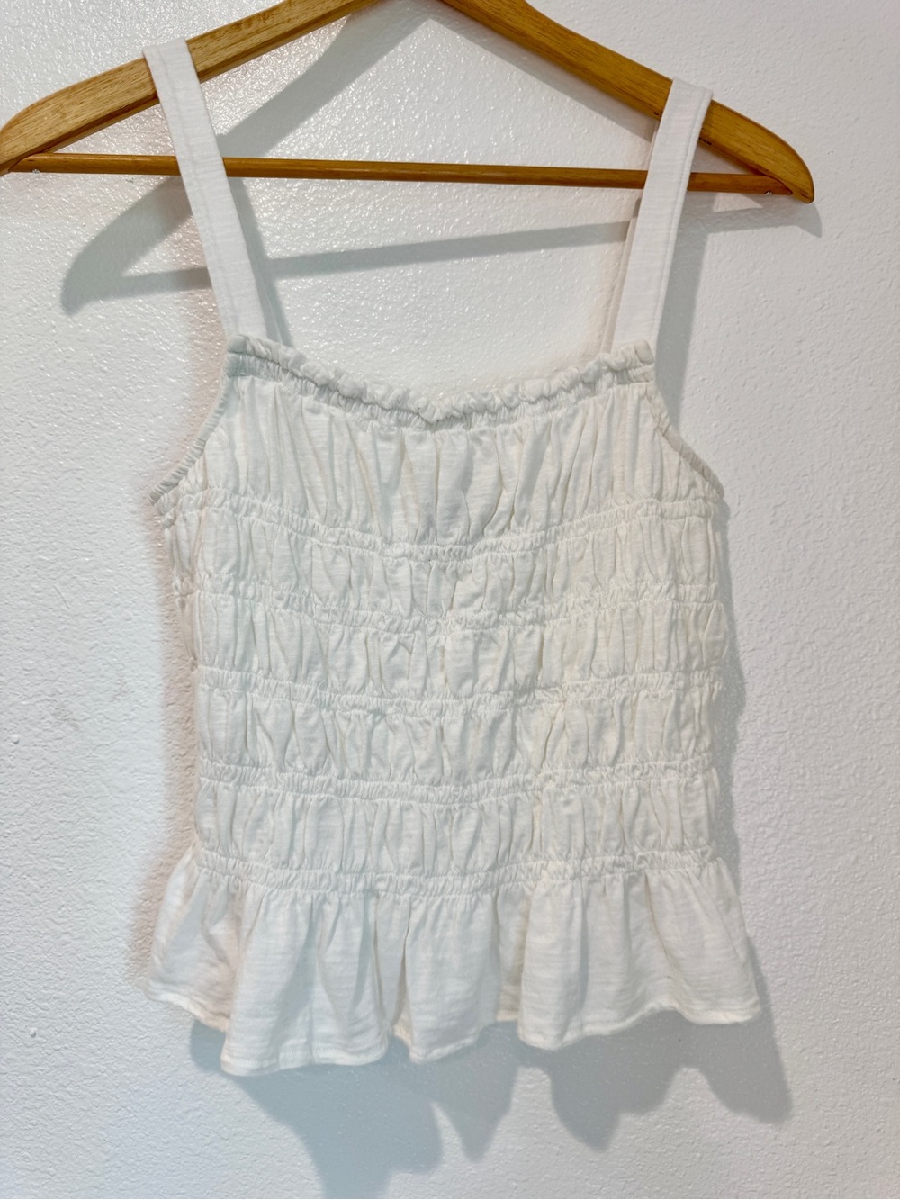 White Smocked Tank Top Peplum Ruffle Hem Cotton Cami Romantic Cottagecore L